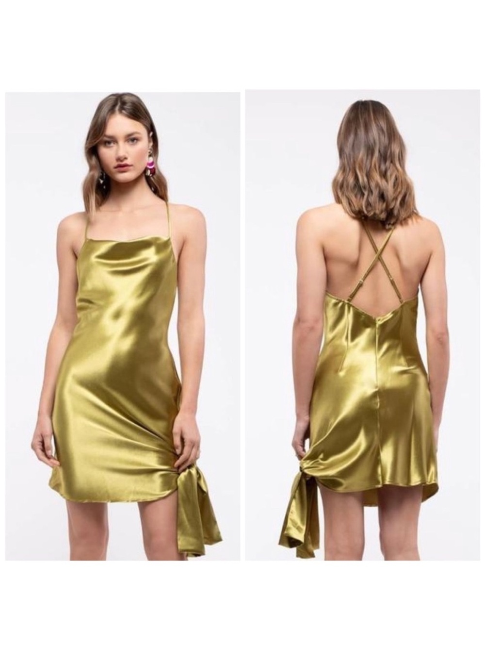 Anthropologie Moon River Olive Chartreuse Satin Cowl Neck Mini Dress NWT M
